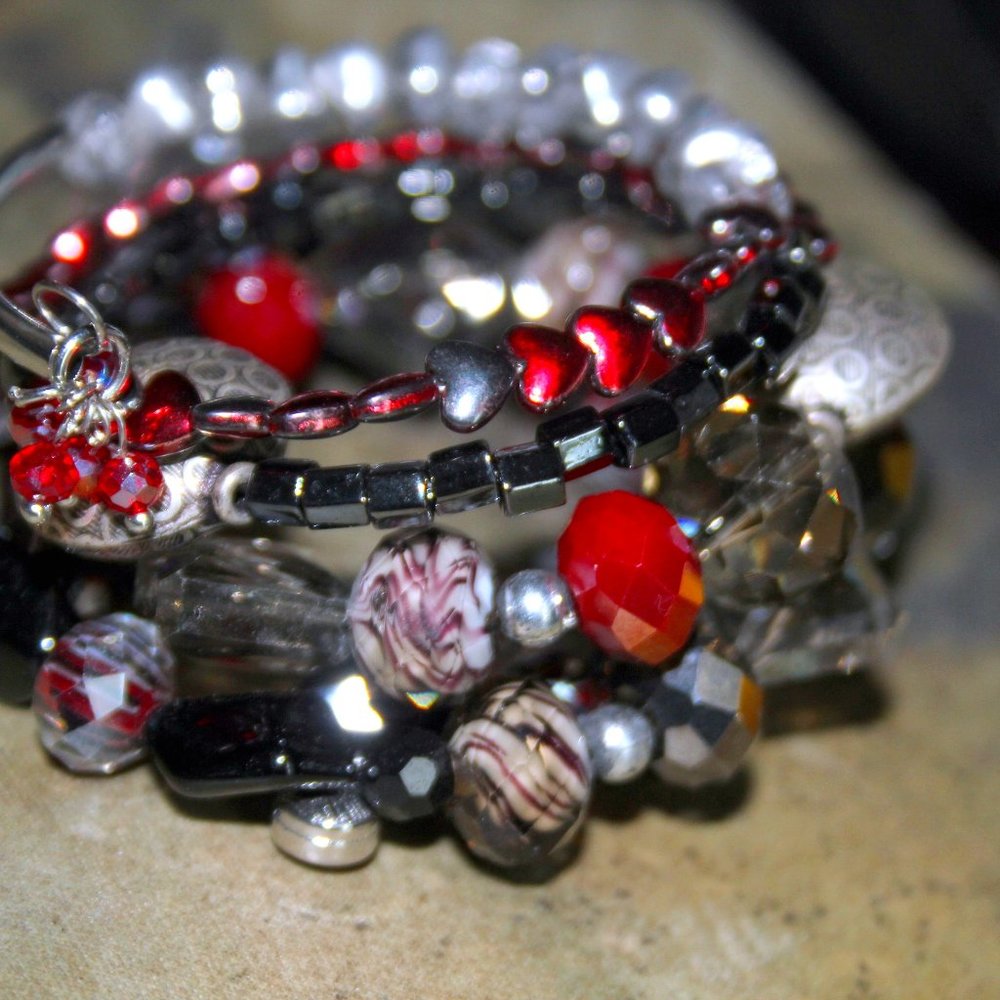 Black Red and Silver Beaded Memory Wire Cuff Bracelet